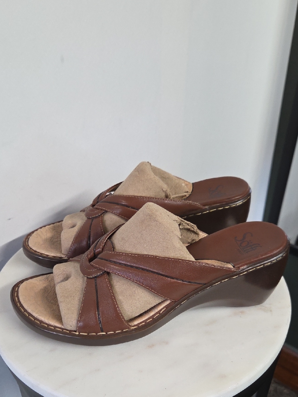 Sofft Brown and Beige Wedge Slide Sandals Size 9W